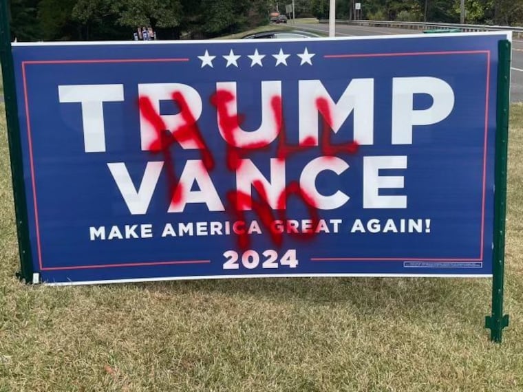 Outside of the Montgomery County Republican Committee's satellite office on Trooper Road in Lower Providence, a large Trump-Vance sign was spray painted over with the words "Hell no."