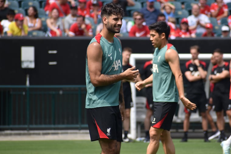 Liverpool's Dominik Szoboszlai (center) working out during an open practice at Lincoln Financial Field on Sunday. 