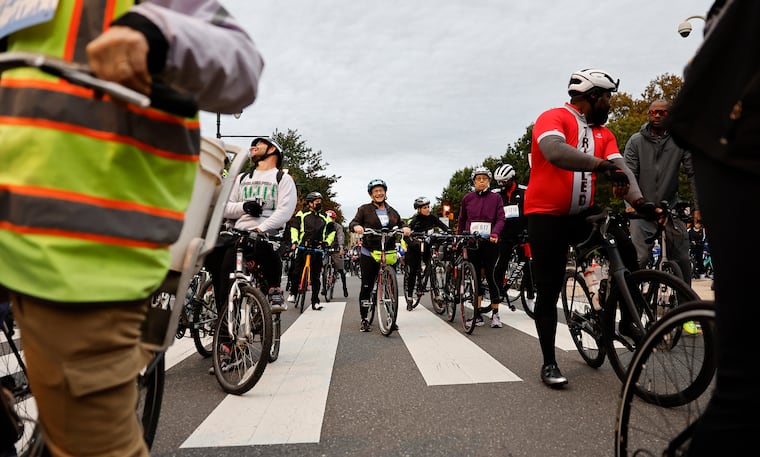 Intermediate bicyclist prepare for the Philly Bike Ride 2023 along the Benjamin Franklin Parkway near the Philadelphia Museum of Art on Saturday morning, October 14, 2023. The event celebrates cycling and riding in the city in a car-free environment.