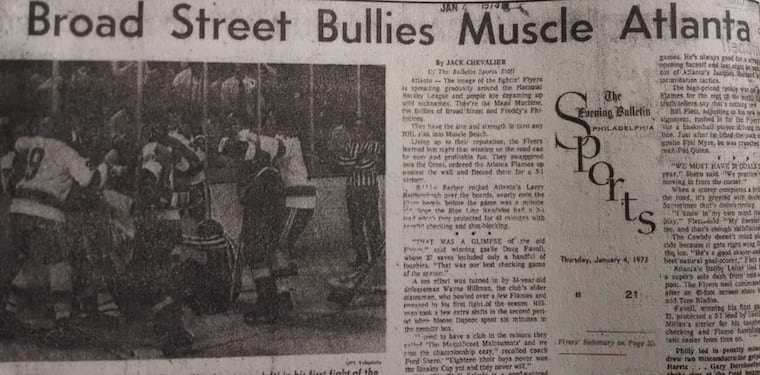 The headline of the late edition of the Jan. 4, 1973 Philadelphia Bulletin, the first time the phrase "Broad Street Bullies" appeared in print.