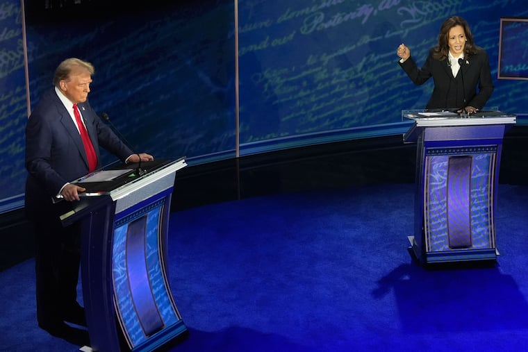 Former president Donald Trump and Vice President Kamala Harris at their Sept. 10 debate in Philadelphia. 