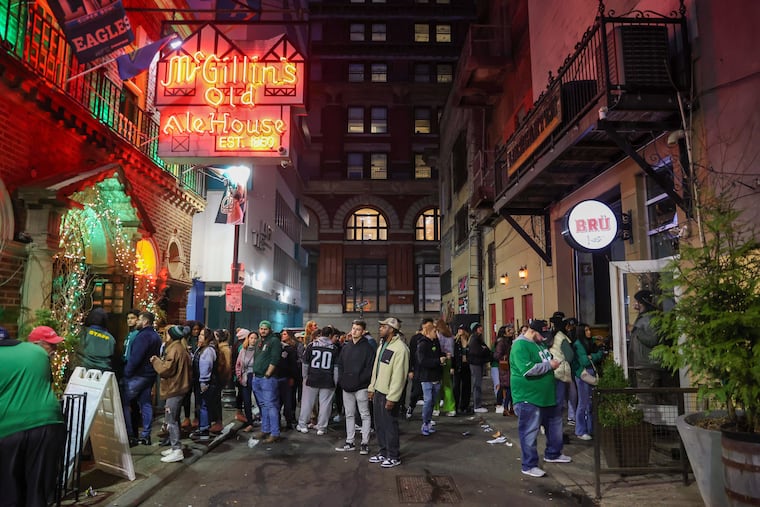 Eagles fans outside of bars on Drury Street in Philadelphia.