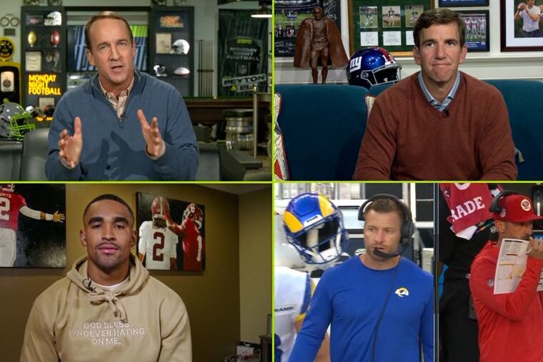 Jalen Hurts (bottom left) was a guest on the "Manningcast" with Peyton and Eli Manning in 2022. 