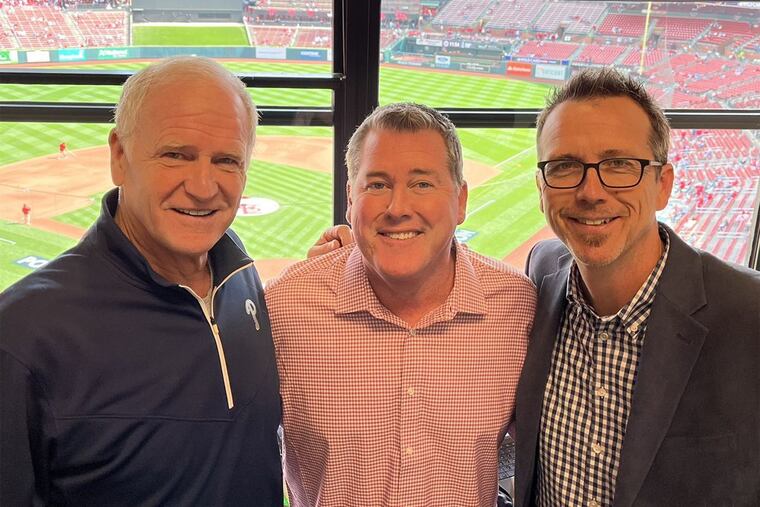 Phillies radio team (from left) analyst Larry Andersen, studio host Gregg Murphy, and play-by-play announcer Scott Franzke.