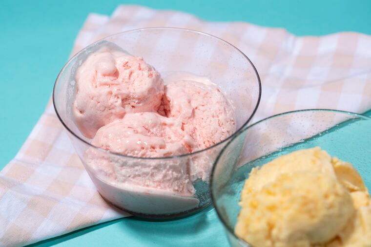 Raspberry and passion fruit ice cream from mom's improvised recipe.