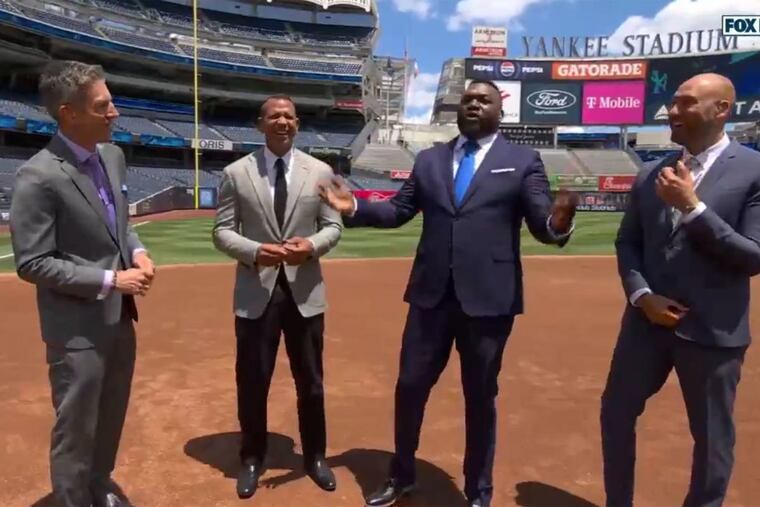 Fox Sports studio hosts (from left) Kevin Brukhardt, Alex Rodriguez, David Ortiz, and Derek Jeter.