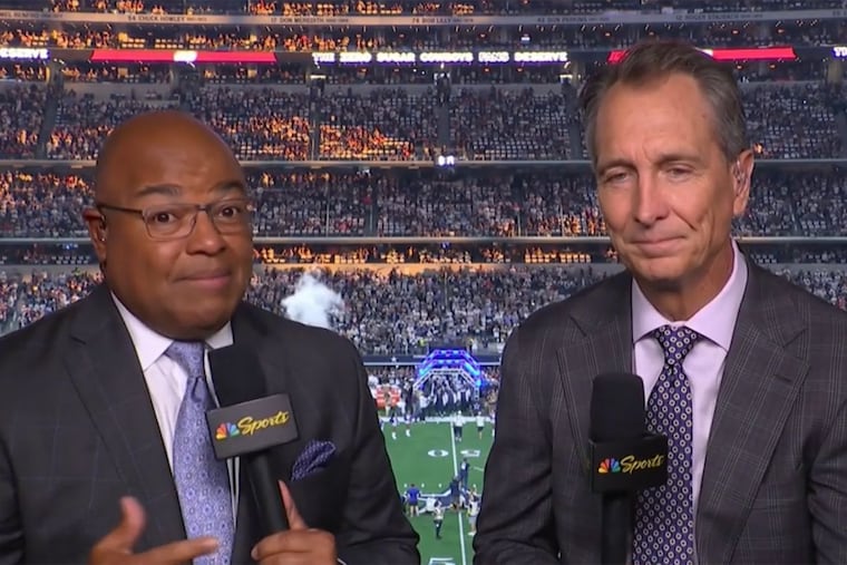 NBC "Sunday Night Football" announcers Mike Tirico (left) and Cris Collinsworth.