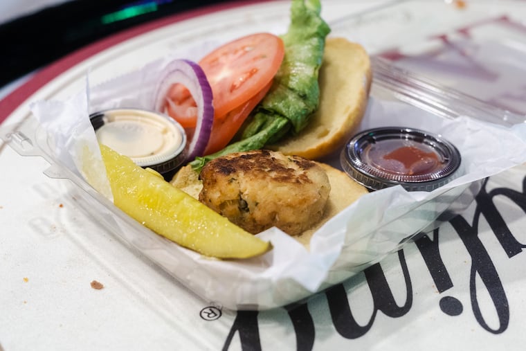 A crab cake sandwich from Baker Bowl Bistro concession stand at Citizens Bank Park.