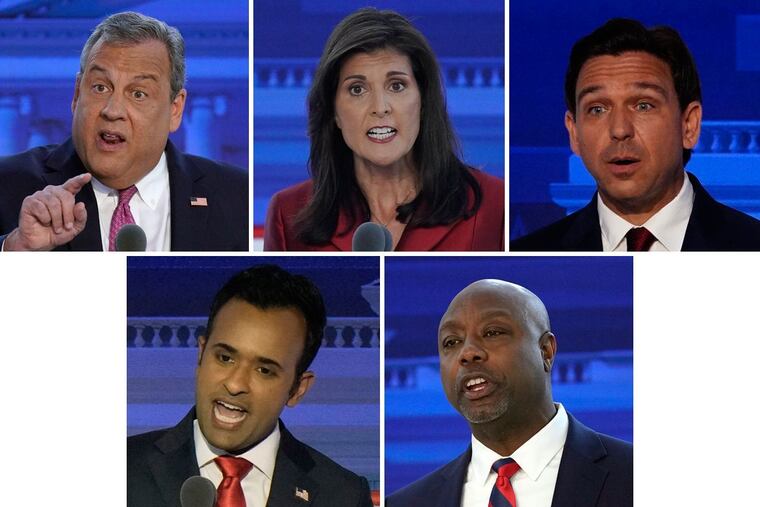 (Clockwise from left to right) Chris Christie, Nikki Haley, Ron DeSantis, Tim Scott, and Vivek Ramaswamy.