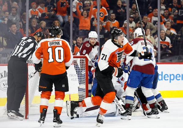 Flyers right wing Tyson Foerster celebrates his third-period goal against the Colorado Avalanche.