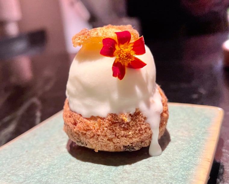 Perrystead Dairy's Moonrise cheese was whipped into a sweet and savory ice cream at Provenance, where it was served on a choux pastry as a cheese course.