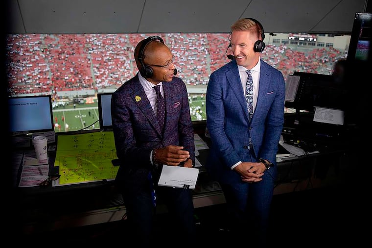 Gus Johnson (left) and Joel Klatt will be calling Penn State-Michigan today on Fox. 