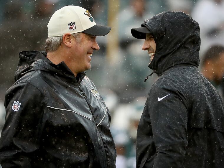 Jaguars head coach Doug Pederson (left) and Nick Sirianni (right) share a laugh before the Eagles played the Jacksonville Jaguars at Lincoln Financial on Sunday, Oct. 2, 2022.