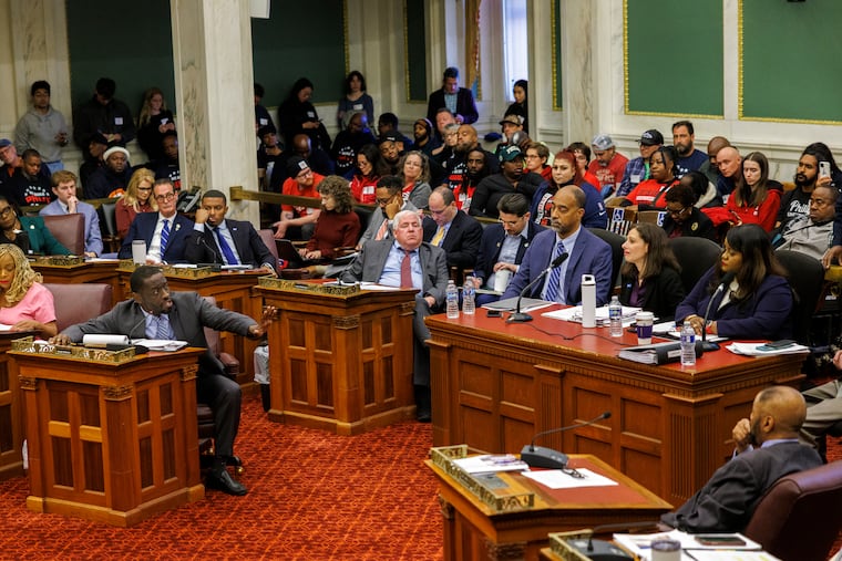 Councilman Isaiah Thomas questions panel of speakers, from left at table are Michael Carroll, Deputy Managing Director, Office of Transportation and Infrastructure, Renee Garcia, City Solicitor and Tiffany Thurman, Chief of Staff, Mayor Parker. Philadelphia City Council holds first day of hearings regarding the construction of a new Sixers arena on Tuesday, November 12, 2024.