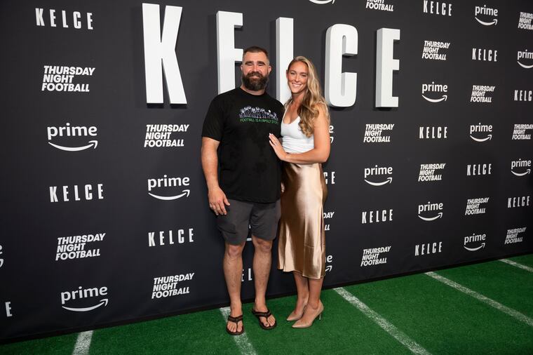 Jason Kelce and his wife, Kylie, at the premiere of the Amazon Prime Video documentary "Kelce" in Philadelphia on Sept. 9. 