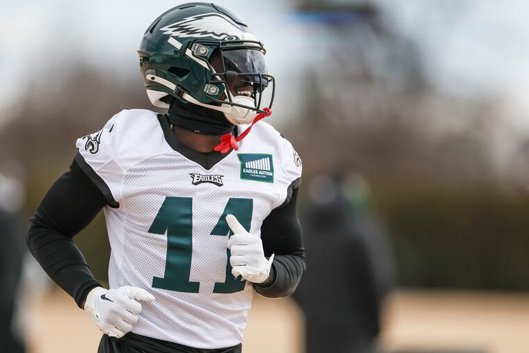 Eagles wide reciever A.J. Brown smiles during practice Thursday. 