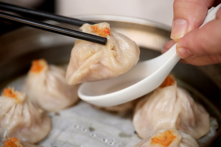 Crab and pork soup dumplings are pictured at Dim Sum Garden in Philadelphia's Chinatown.