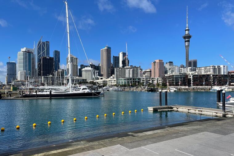 The skyline of Auckland, New Zealand as seen from Viaduct Harbour.