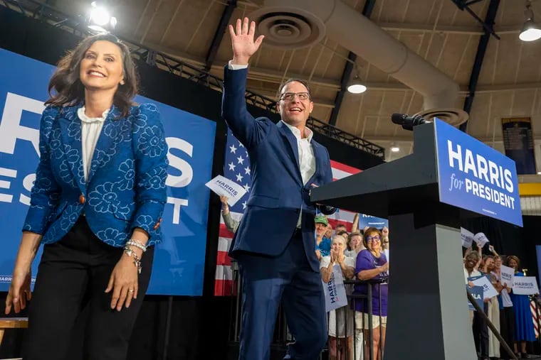 Pennsylvania Gov. Josh Shapiro and Michigan Gov. Gretchen Whitmer campaign for Vice President Kamala Harris in Shapiro's home county, at Wissahickon High School Monday.