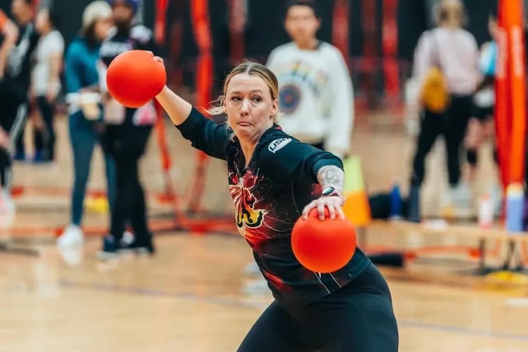 Sam Sayward winds up to throw a dodgeball. Sayward is the first Philly athlete to compete in the World Dodgeball Championships.