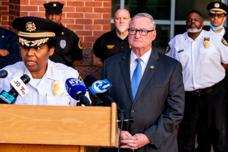 Mayor Jim Kenney stands by as Department of Prisons Commissioner Blanche Carney speaks during a news conference outside the Philadelphia Industrial Correctional Center following the escape of two prisoners in May.