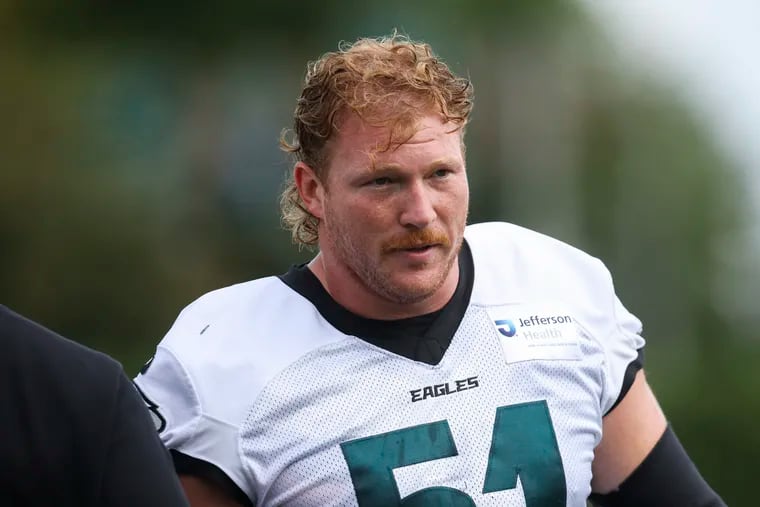 Eagles center Cam Jurgens running drills during practice at the NovaCare Complex on Sunday.