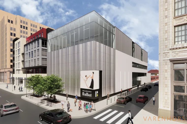 Looking northeast, a rendering of Philadelphia Ballet's proposed headquarters building on North Broad St. near Callowhill.