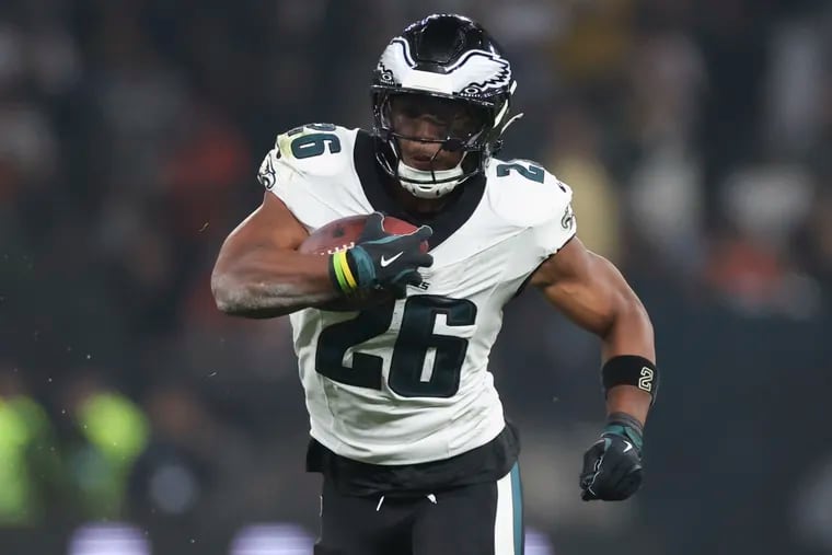 Eagles running back Saquon Barkley during his three-touchdown performance against the Green Bay Packers in Brazil.