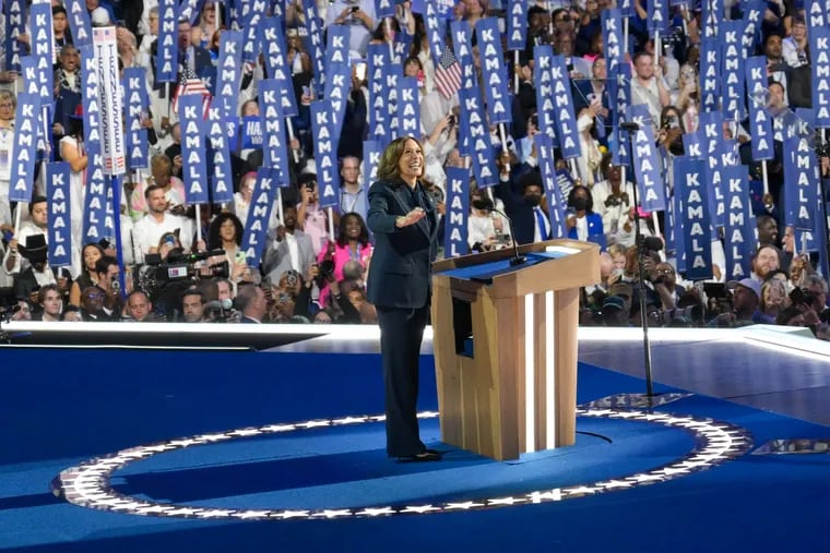 Democratic presidential nominee Vice President Kamala Harris speaks on the final evening of programming of the Democratic National Convention on Thursday, Aug. 22, 2024, in Chicago.