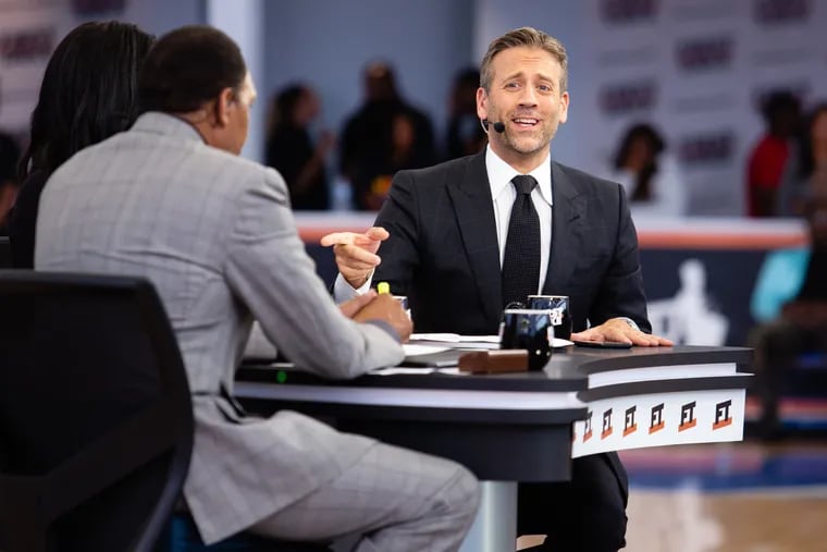 Host Max Kellerman offers his opinion during the live production of the ESPN show "First Take" at 76ers Fieldhouse in Wilmington back in September. Kellerman, Stephen A. Smith, and Molly Qerim Rose will bring 'First Take' to Philadelphia on Friday.