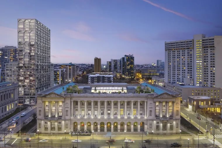 This rendering shows a proposed new hotel in the historic former Family Court building at 1801 Vine St. on the Benjamin Franklin Parkway as part of a project to reimagine the property and an adjacent parking lot.