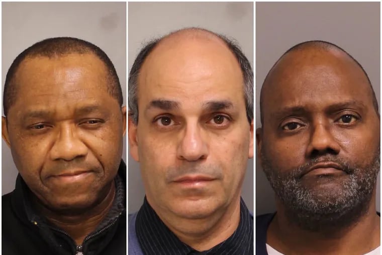 Dr. Emmanuel Okolo, left, Dr. Mohanad Fallouh, center, and Kent Hunter, right, are three of the four people charged in an alleged pill mill operation. Okolo and Fallouh, Flourtown physicians, allegedly wrote hundreds of fraudulent prescriptions for oxycodone and Xanax. A mug shot of Evelyn Smith, who also was arrested, was not available Tuesday.