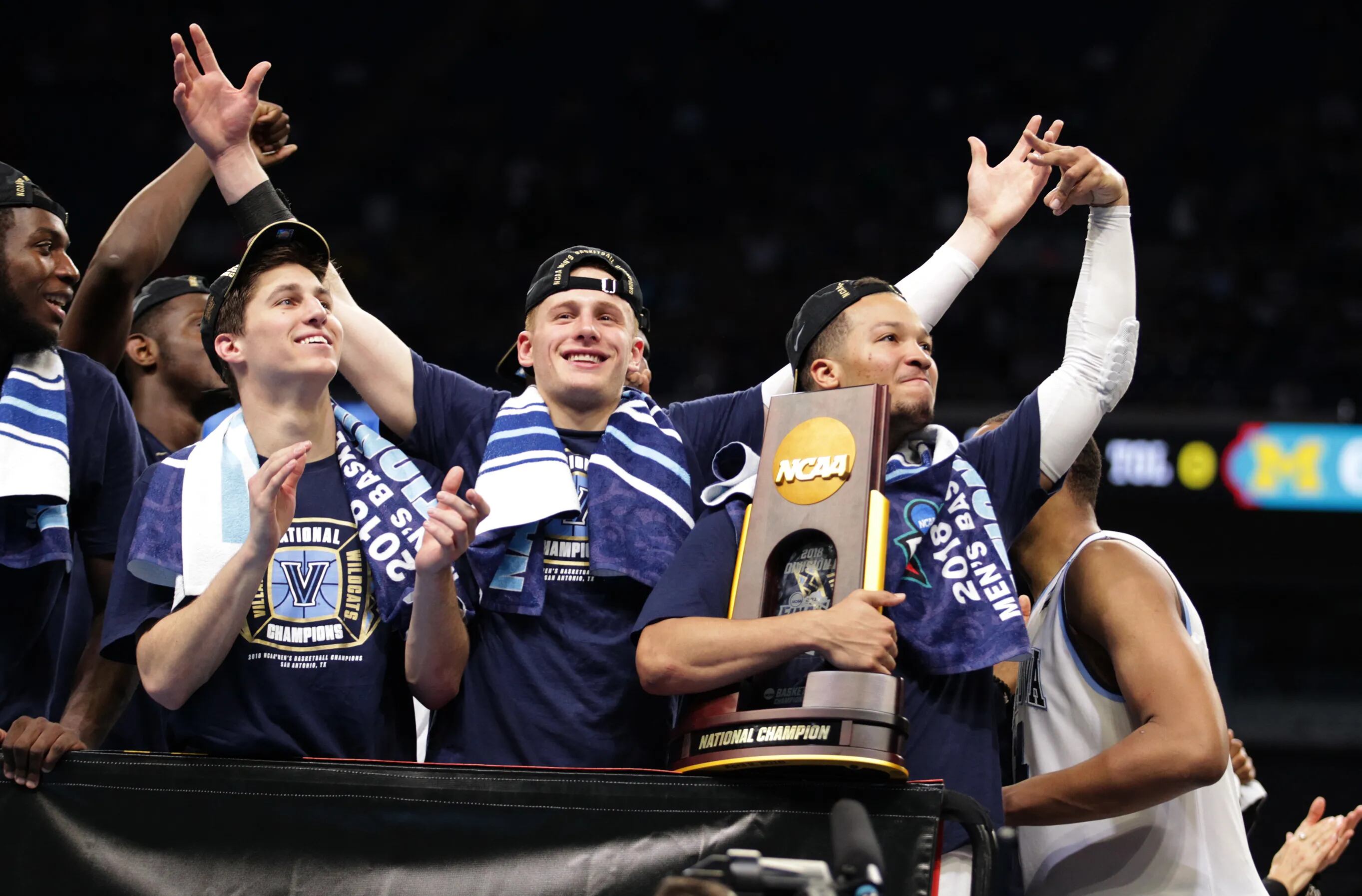Villanova's Jalen Brunson, left, celebrates with Donte DiVincenzo after the  team's NCAA college basketball game against Providence in the Big East  men's tournament final Saturday, March 10, 2018, …