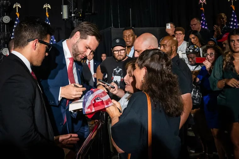 Republican Sen. JD Vance of Ohio, Donald Trump’s pick for vice president, signs autographs and greets event attendees at the 2300 Arena in South Philadelphia on WEdnesday.