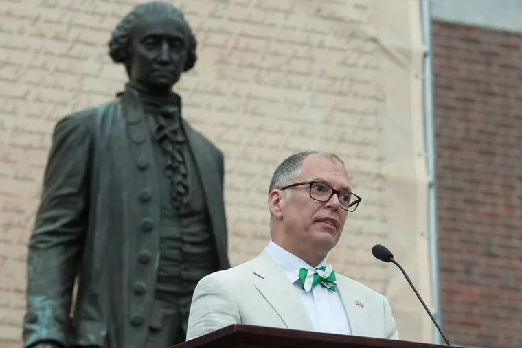 Jim Obergefell, lead plaintiff in the Supreme Court ruling that legalized gay marriage, speaks during the National LGBT 50th Anniversary ceremony in front of Independence Hall, July 4, 2015.  ( CLEM MURRAY / Staff Photographer )