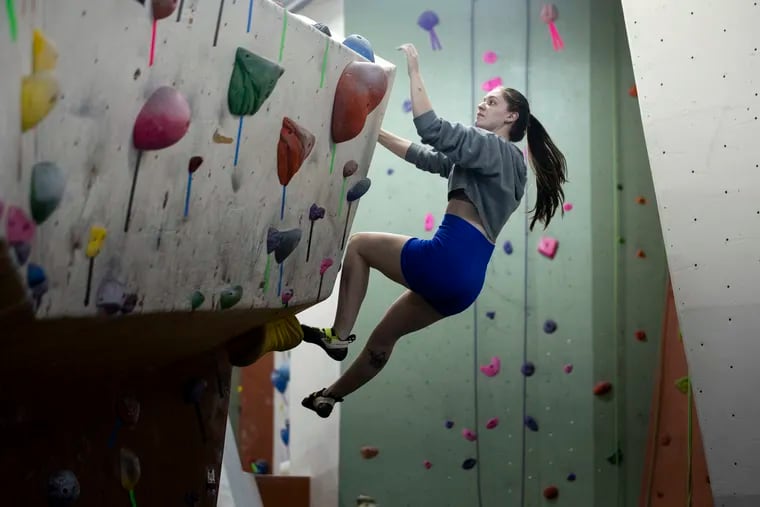 Hayley Barvitskie climbs at Philadephia Rock Gym in the East Falls section of Philadelphia on Tuesday, Aug. 6, 2024.