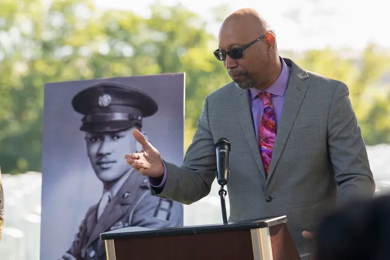 Steve Woodson speaks during a medal ceremony in June for his father, Cpl. Waverly B. Woodson Jr., who was posthumously awarded the Distinguished Service Cross, the military's second-highest honor.