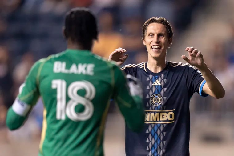 Jack Elliott (right) celebrates with Andre Blake after the Union's Leagues Cup quarterfinal win over Mexico's Mazatlán.