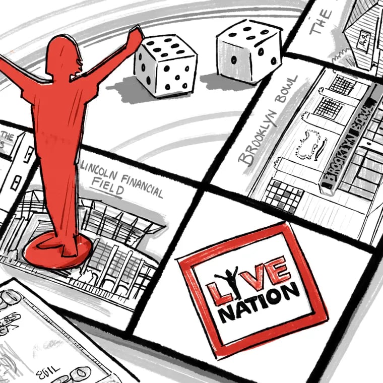 Illustration of a Monopoly board game with the Live Nation logo in the corner square