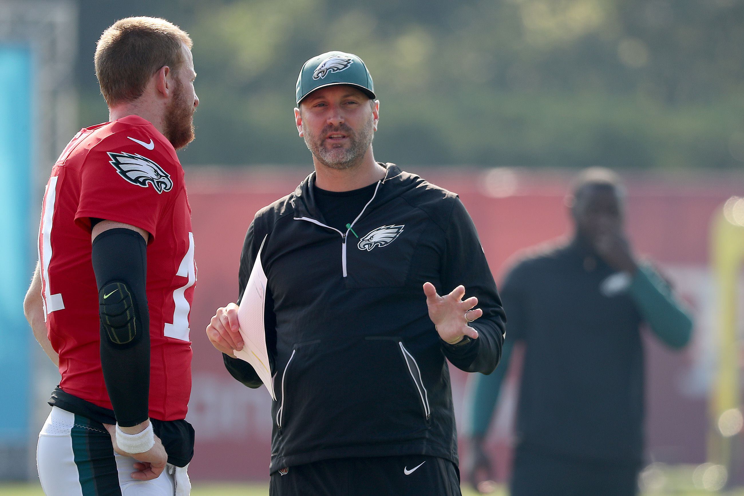 LANDOVER, MD - SEPTEMBER 13: Eagles offensive coordinator Mike Groh coaches  from the sideline during the Philadelphia Eagles vs. Washington Football  Team NFL game at FedEx Field on September 13, 2020 in