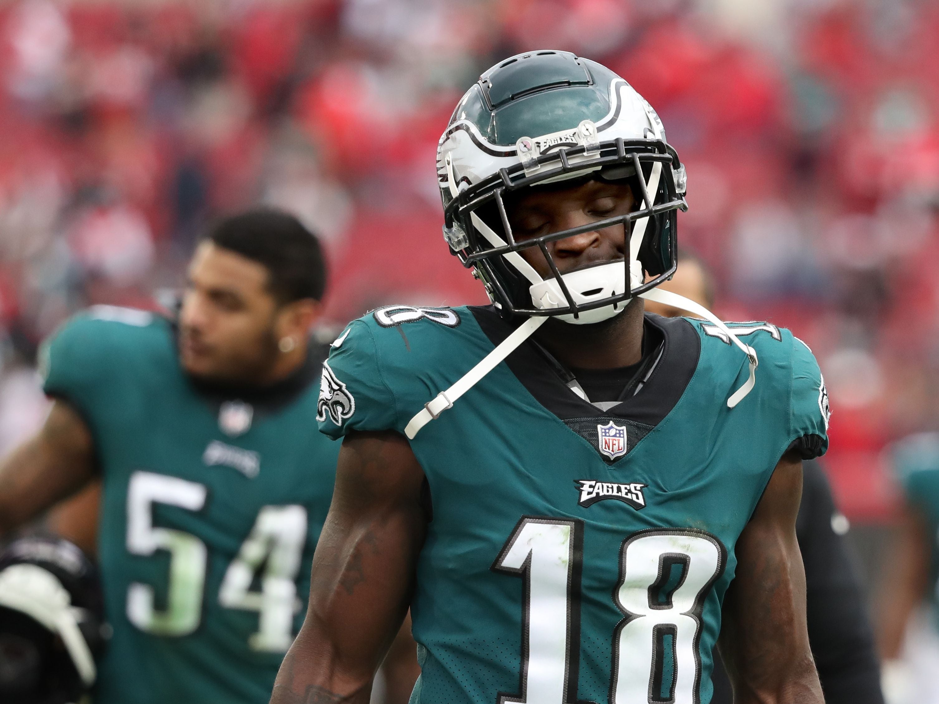 LANDOVER, MD - SEPTEMBER 25: Philadelphia Eagles wide receiver Zach Pascal  (3) warms up during the game between the Philadelphia Eagles and the  Washington Commanders on September 25, 2022 at Fedex Field