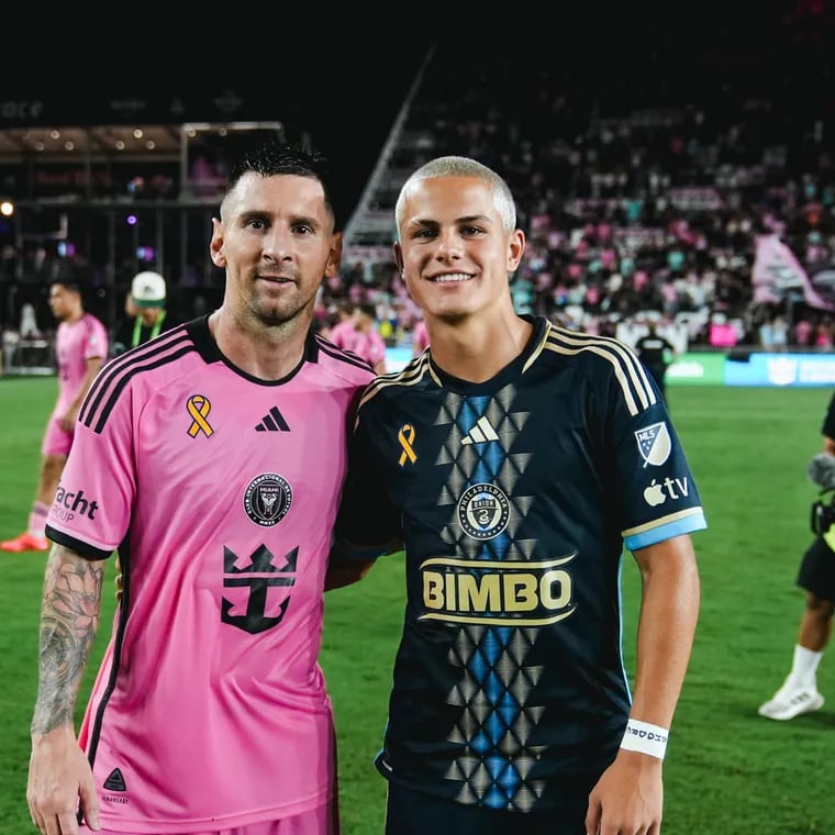 Union teen phenom Cavan Sullivan (right) got to meet Inter Miami superstar Lionel Messi (left) after Miami's 3-1 win over the Union in south Florida on Saturday.