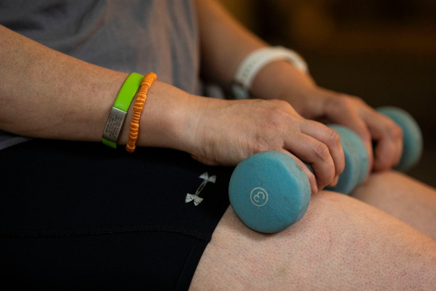 Marianne participates in a Livestrong exercise class from her home in Wilmington, Del.