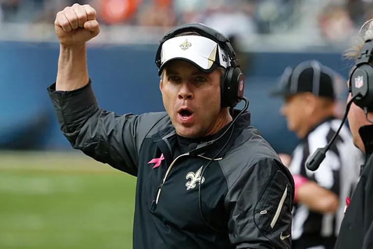 New Orleans Saints head coach Sean Payton reacts to a play during the
second half of an NFL football game against the Chicago Bears, Sunday,
Oct. 6, 2013, in Chicago. Saints won 26-18. (AP Photo/Charles Rex
Arbogast)