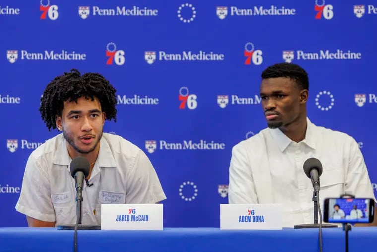 Sixers draft picks Jared McCain, left, and Adem Bona at their introductory press conference last week.