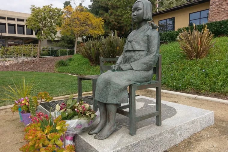 Here is an image of the statue honoring Korean "comfort women." Advocates are seeking to place the memorial around the world. This photograph shows the statue in Glendale, Calif.