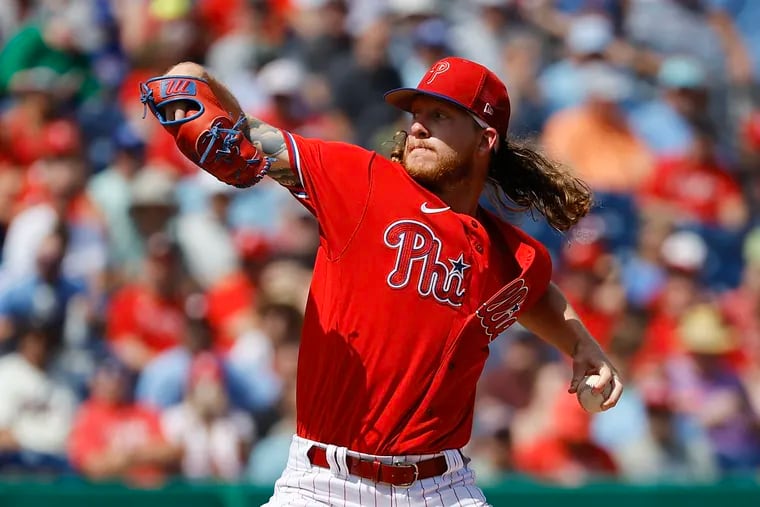 Phillies pitcher Bailey Falter throws the baseball in the first inning against the Tampa Bay Rays during a spring training game at BayCare Ballpark in Clearwater, Florida on Tuesday, March 7, 2023.