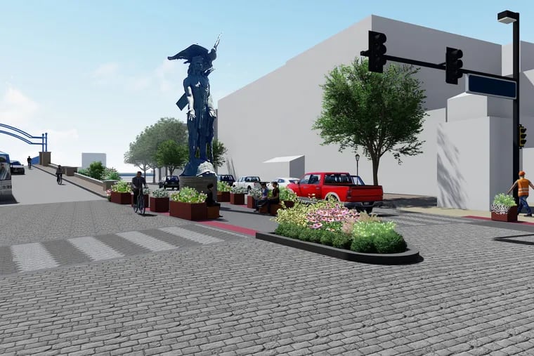 Rendering shows a statue of Chief Tamenend, currently at Front and Market Streets, moved to Second and Market as centerpiece of a planned Tamenend Plaza.