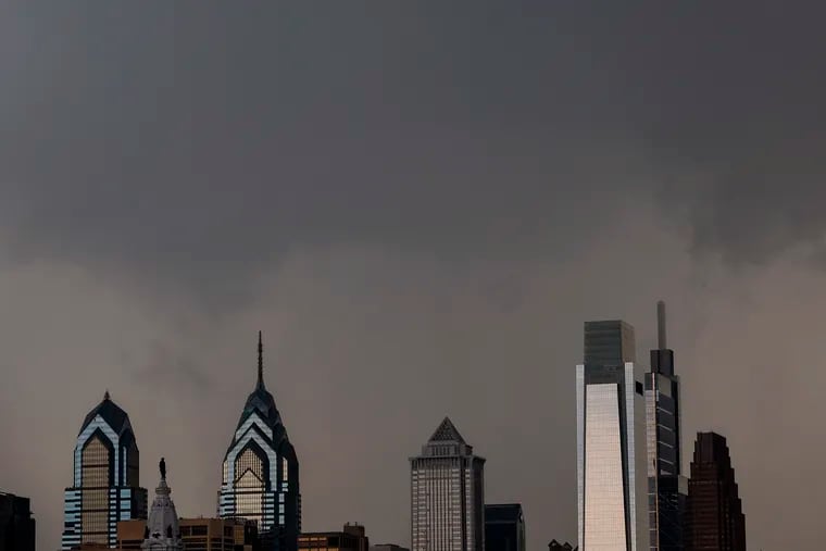Clouds hang over Center City Philadelphia before a storm in June. Another round of thunderstorms is expected in the Philly area Wednesday.