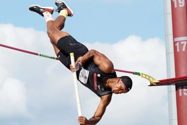 Philly native and Georgia senior Kyle Garland takes part in the pole vault, one of 10 events in the two-day decathlon competition at the NCAA outdoor track and field championships.